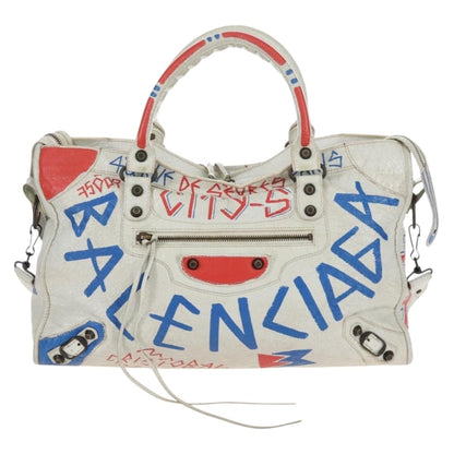 Balenciaga City Graffiti Classic Studs Leather, White, Leather, Handbag
