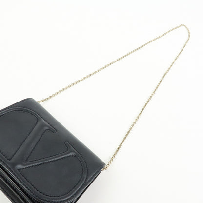 Valentino Garavani VLogo Full Flap Chain Leather, Black, Leather, Shoulder Bag