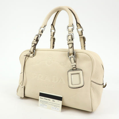 Prada Embossed Logo Bauletto Vitello Daino, Beige, Leather, Handbag