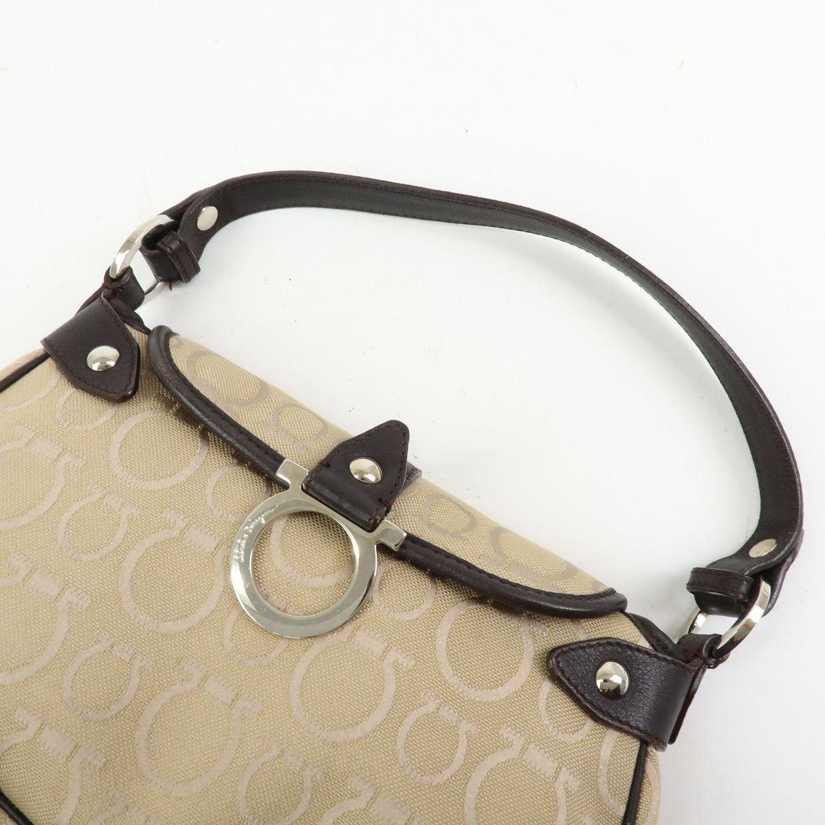 Salvatore Ferragamo Gancini Handle Leather, Beige, Canvas, Tote Bag