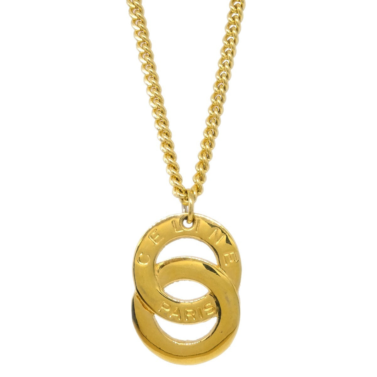 Celine Vintage Logo Circle Pendant Metal, Gold, Gold Plated, Necklace