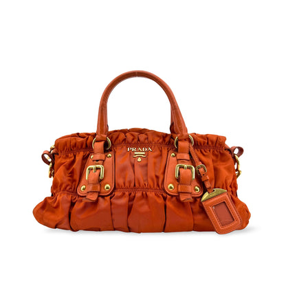 Prada Gaufre Convertible Satchel Leather and Tessuto, Orange, Nylon, Handbag