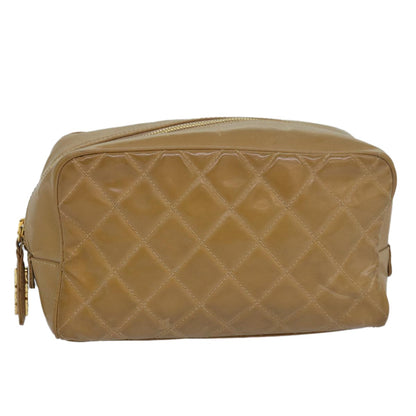 Chanel Square Stitch Toiletry Lambskin, Beige, Leather, Clutch