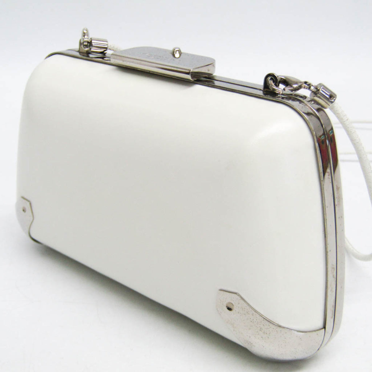 Balenciaga Hard Case Clutch Leather with Metal Detail, White, Leather, Clutch