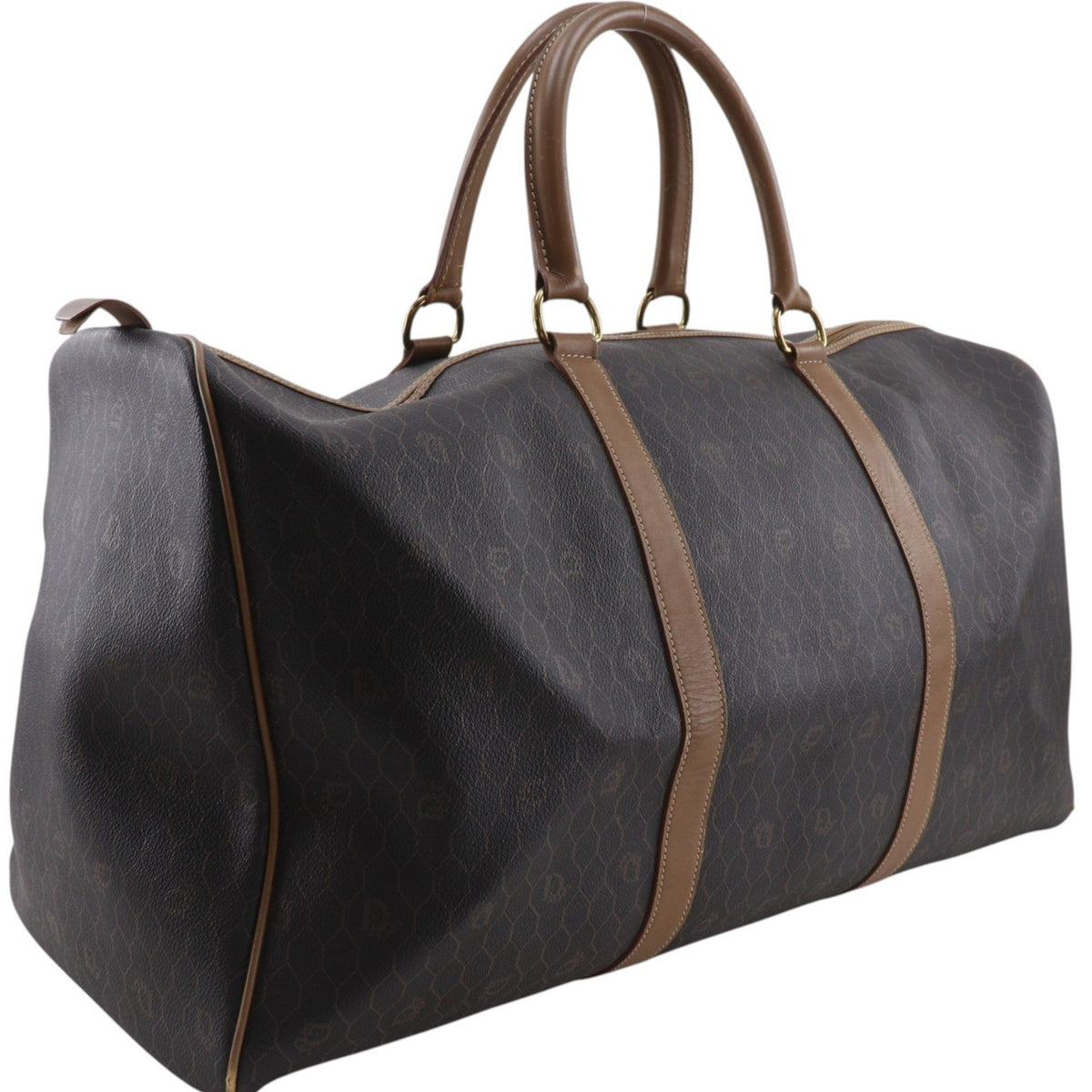 Christian Dior Vintage Duffle Honeycomb Coated Canvas, Brown, Canvas, Handbag