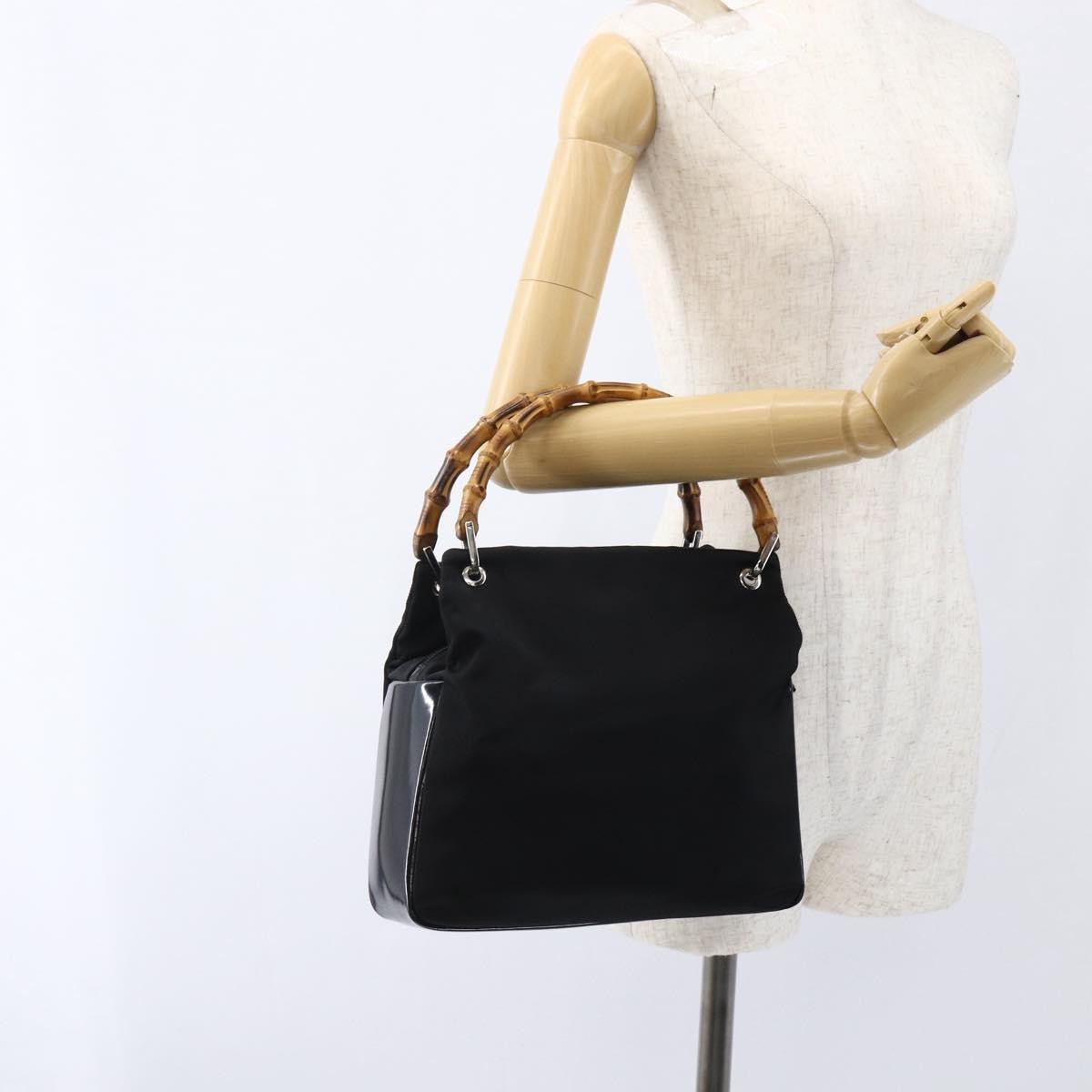 Gucci Vintage Bamboo Handle Tote Nylon, Black, Nylon, Tote Bag