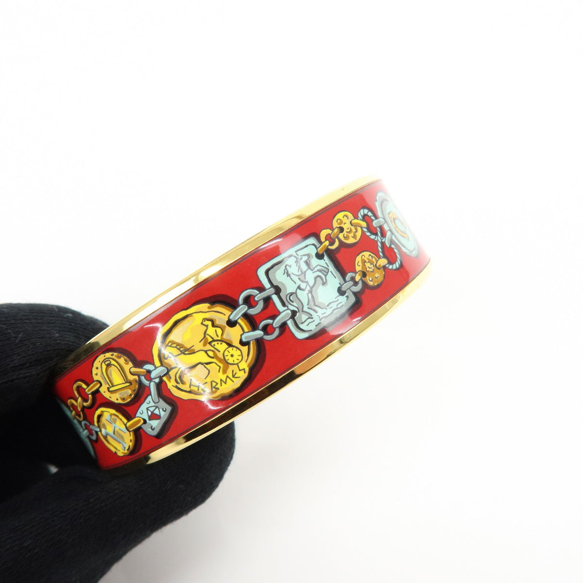 Hermes Bangle Printed Enamel, Red, Gold Plated, Bracelet