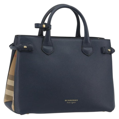 Burberry Banner Leather and House Check Canvas, Navy, Leather, Tote Bag