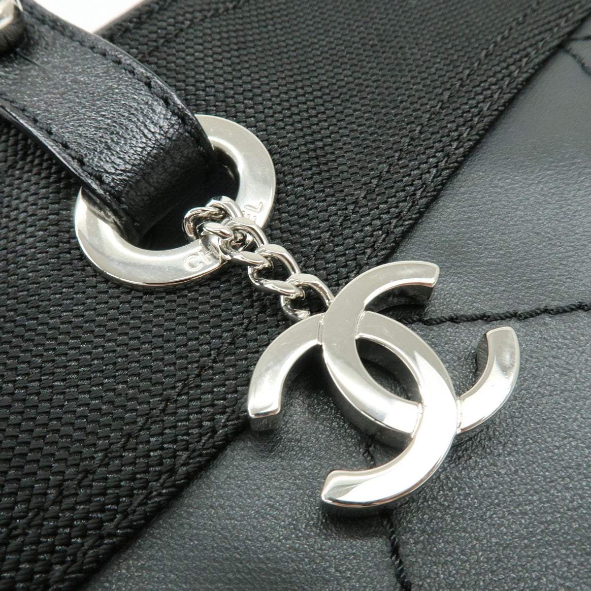 Chanel Biarritz Quilted Coated Canvas, Black, Leather, Tote Bag