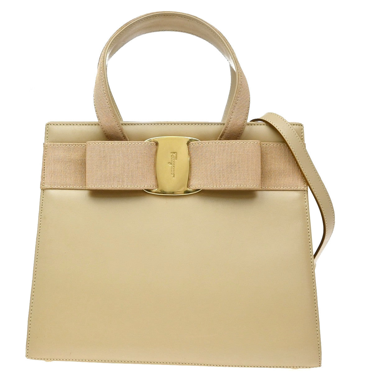 Salvatore Ferragamo Convertible Vara Bow Tote Leather, Beige, Leather, Handbag