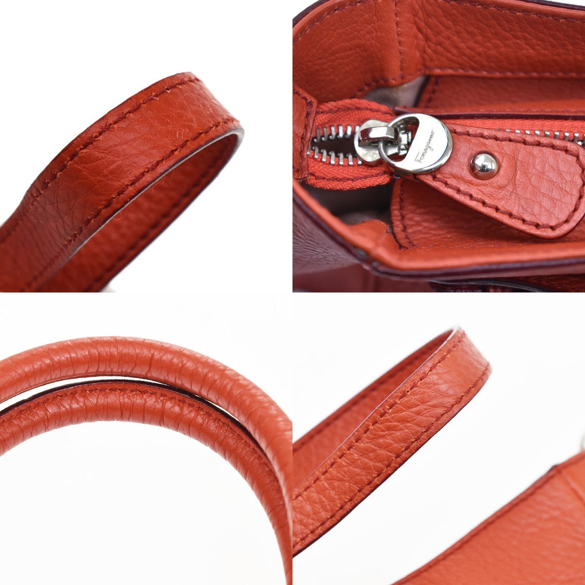 Salvatore Ferragamo Gancini Handle Leather, Orange, Leather, Tote Bag