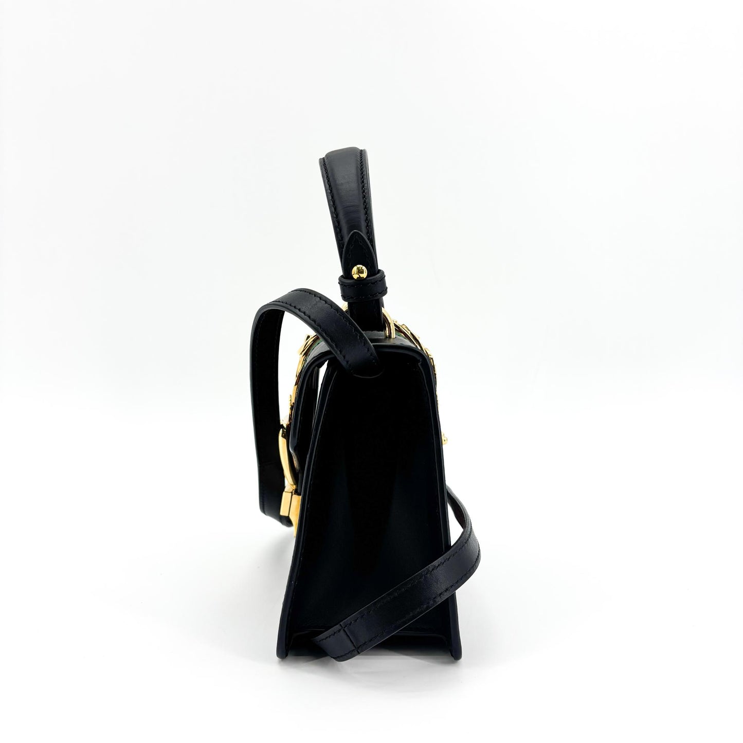 Gucci Sylvie Top Handle Leather, Black, Leather, Handbag