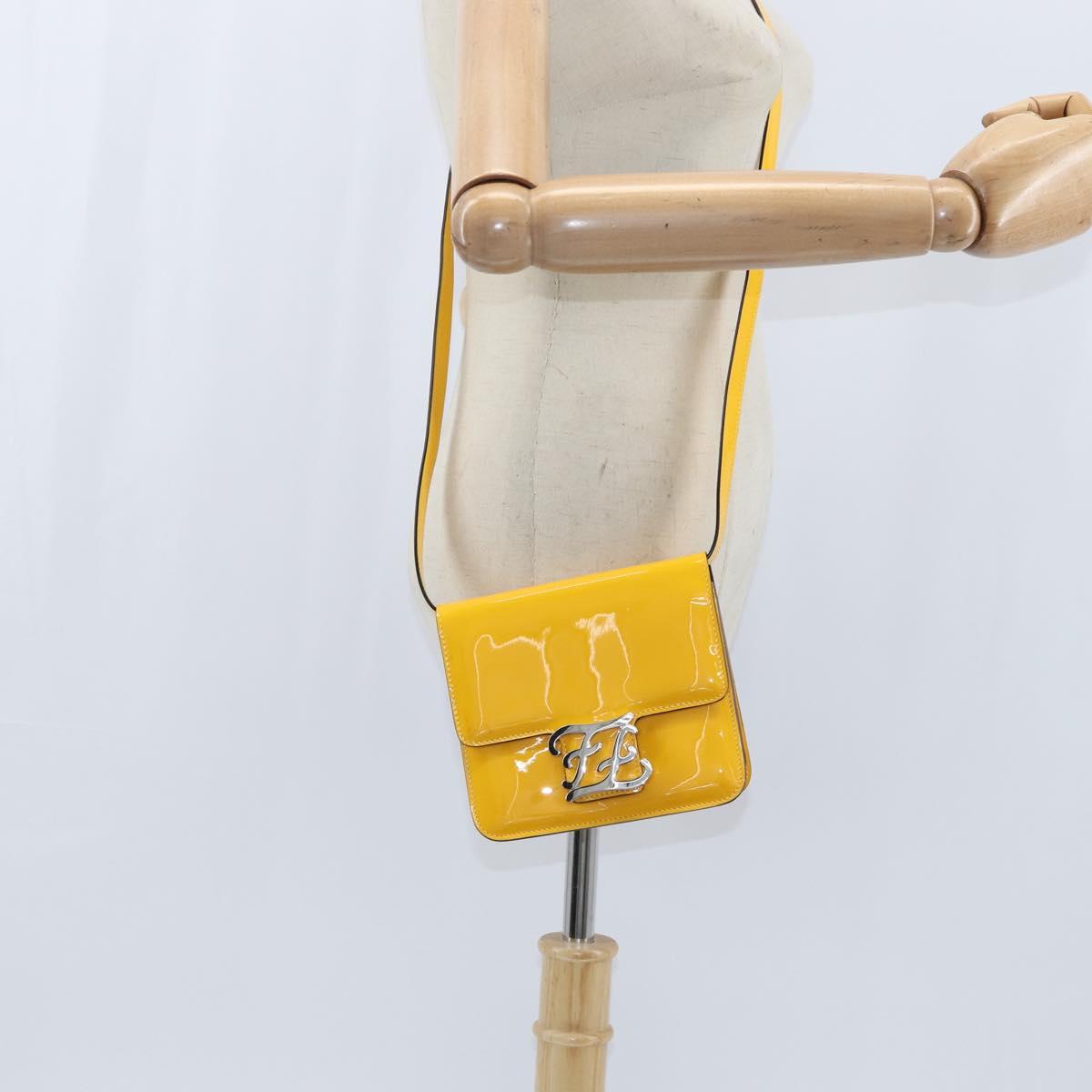 Fendi Curligraphy Shoulder Enamel Yellow Silver, Yellow, Patent Leather, Shoulder Bag