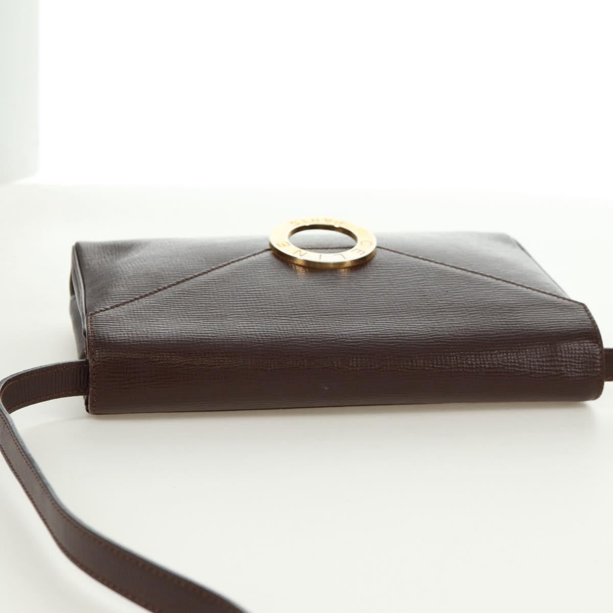 Celine Circle Logo Leather, Brown, Leather, Shoulder Bag