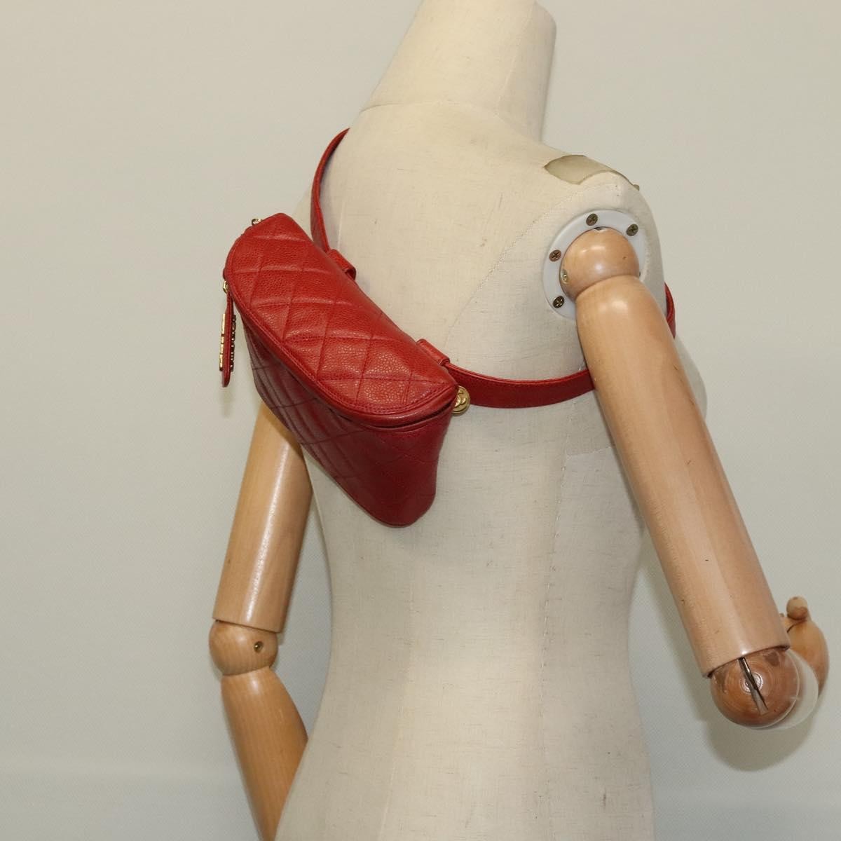 Chanel Vintage Zip Belt Quilted Caviar, Red, Leather, Shoulder Bag