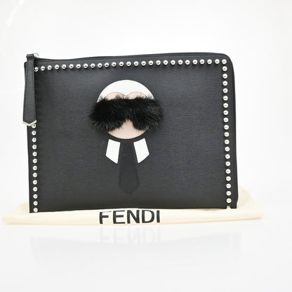 Fendi Karlito Studded Saffiano Leather, Black, Leather, Clutch