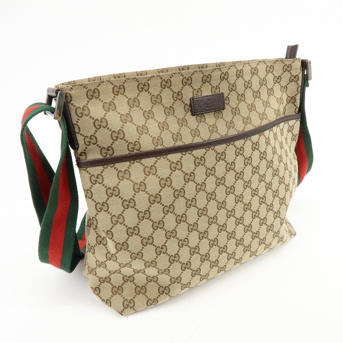 Gucci Web Strap Zip Messenger GG Canvas, Beige, Canvas, Handbag