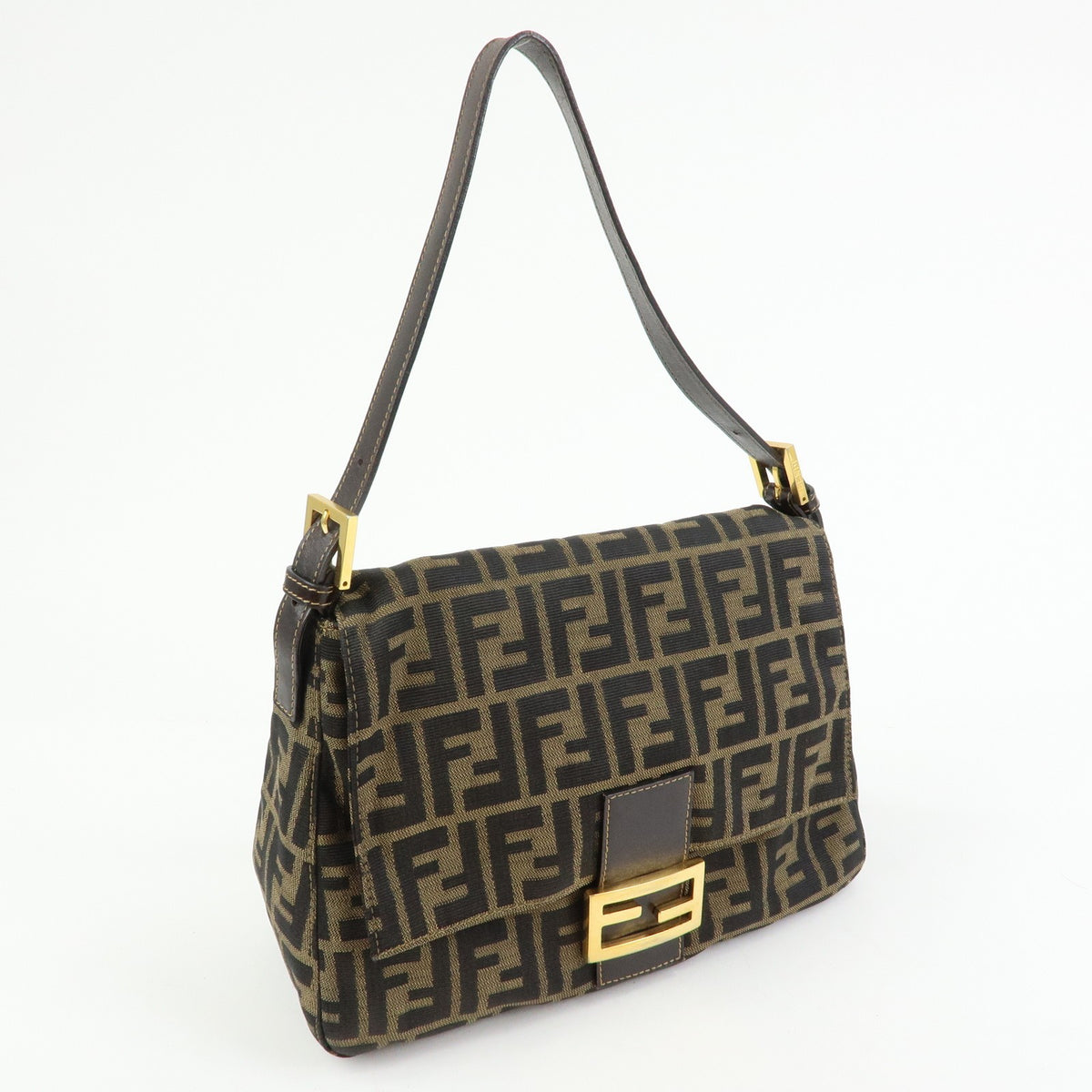 Fendi Round Flap Baguette Zucca Canvas, Brown, Canvas, Shoulder Bag