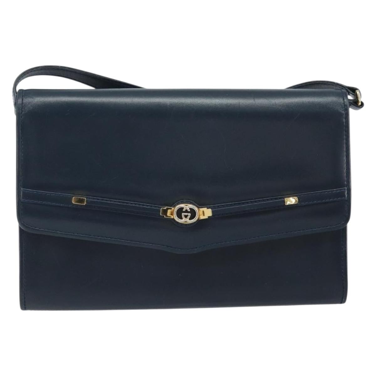 Gucci Vintage Interlocking G Flap Leather, Navy, Leather, Shoulder Bag