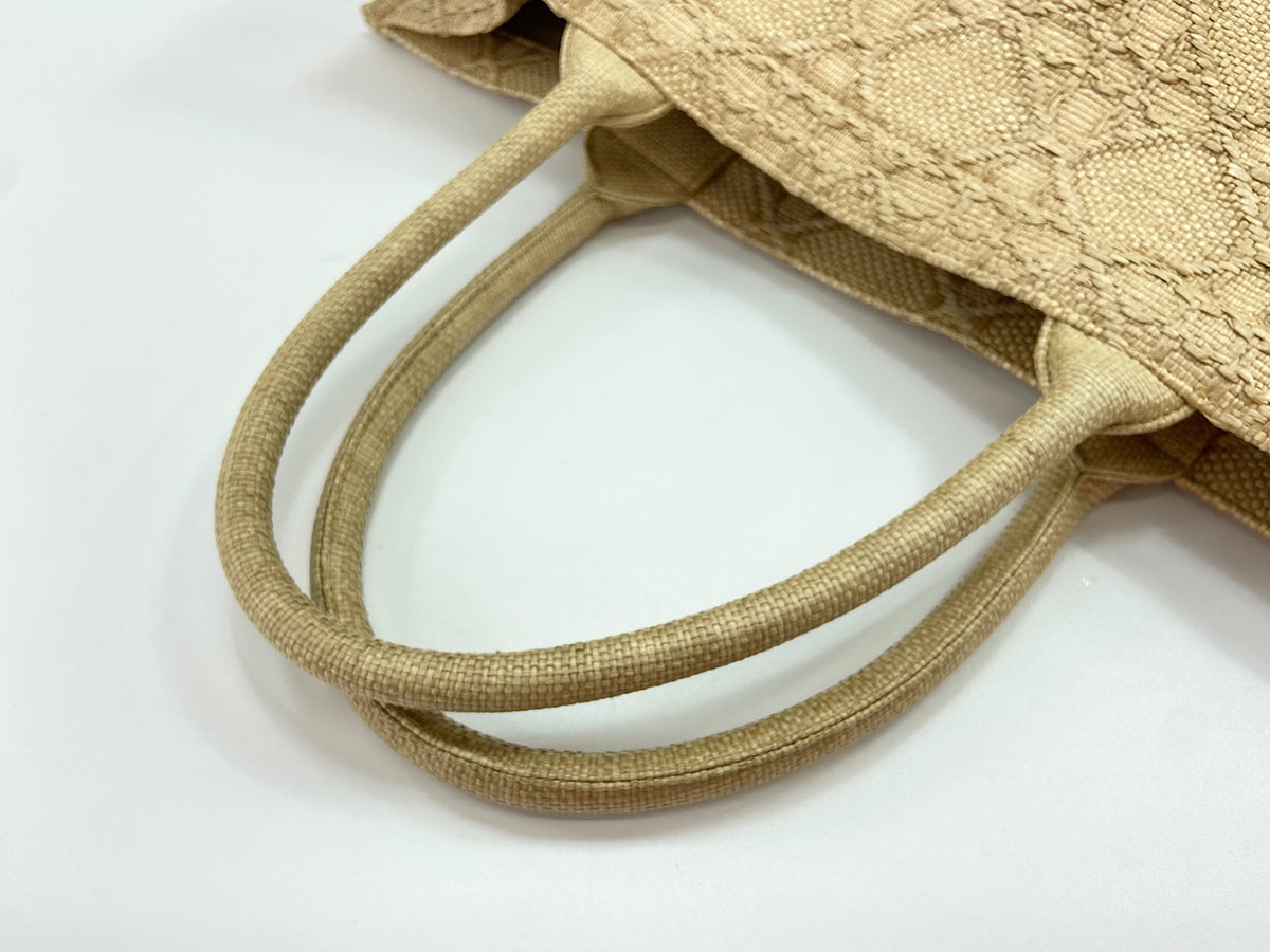 Christian Dior Book Cannage Embroidered Raffia, Beige, Canvas, Tote Bag