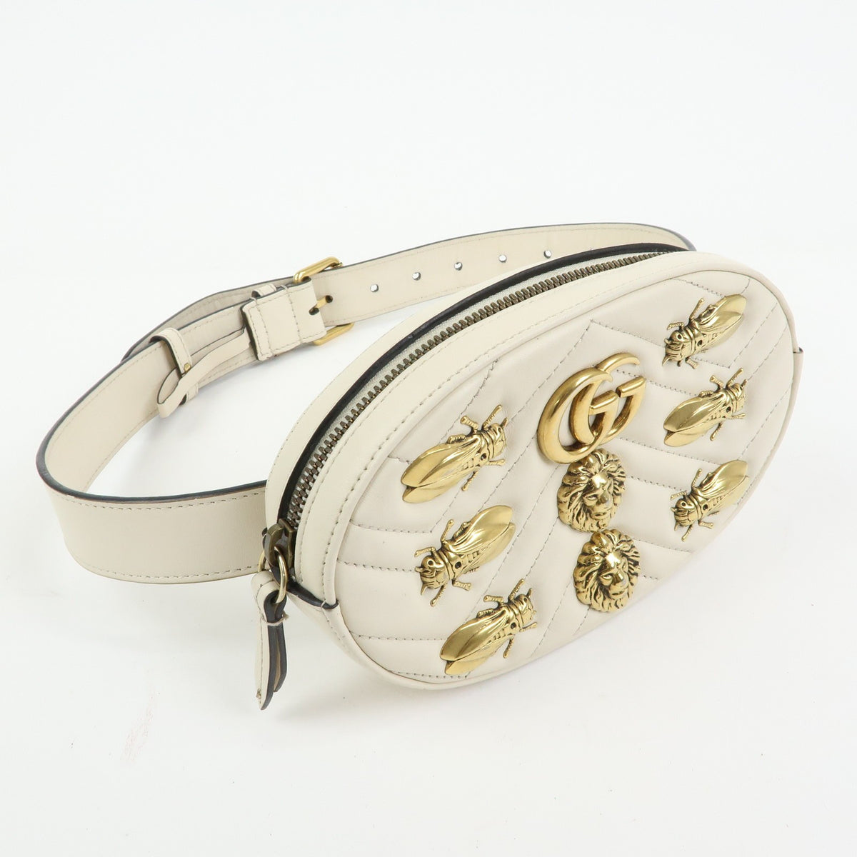 Gucci GG Marmont Belt Embellished Matelasse Leather, Beige, Leather, Handbag