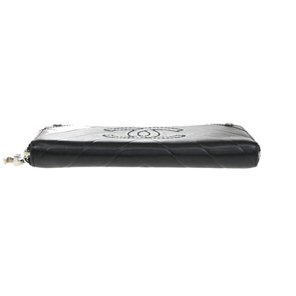 Chanel CC Charm Zip Around Quilted Lambskin, Black, Leather, Wallet