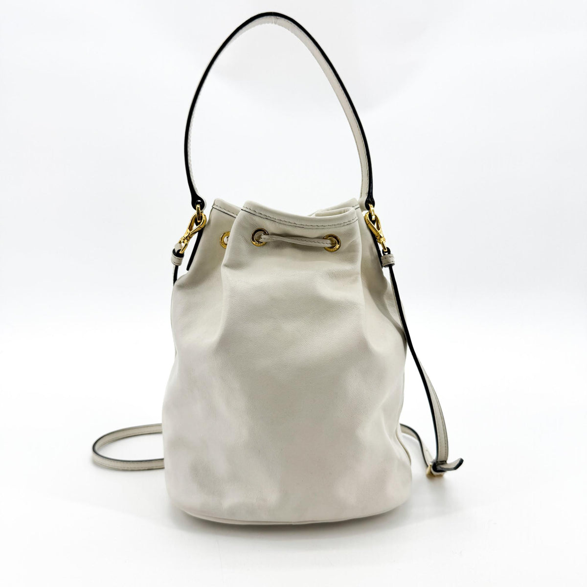 Prada Duet Drawstring Bucket Leather, White, Leather, Handbag