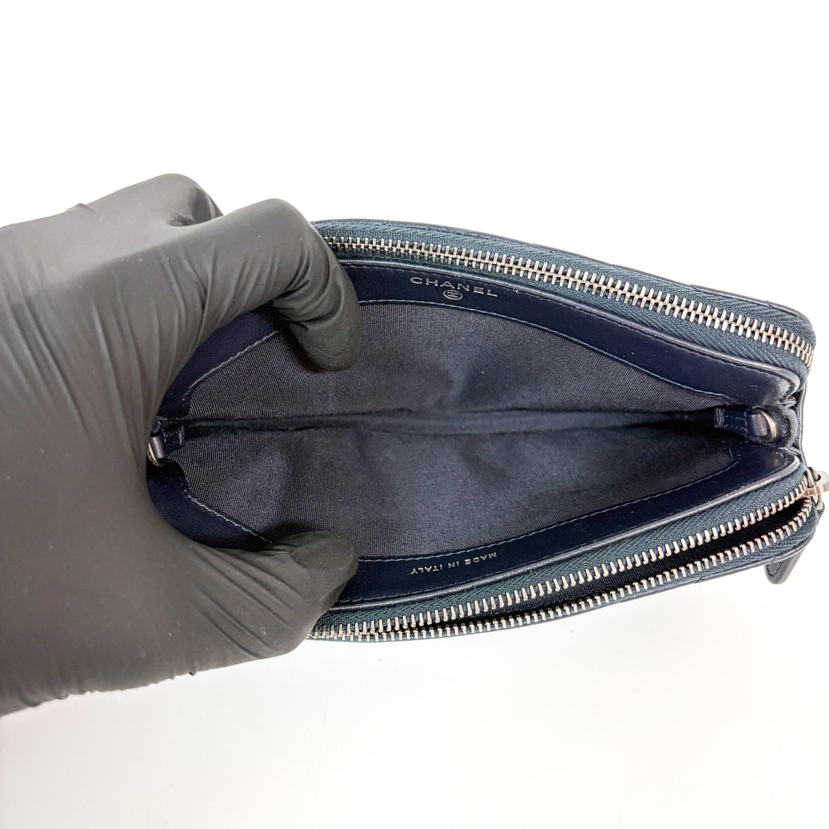 Chanel CC Double Zip Clutch with Chain Chevron Lambskin, Navy, Leather, Clutch