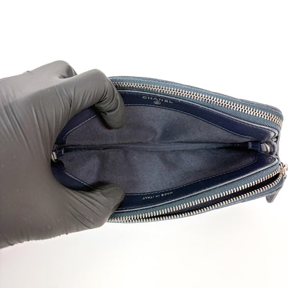Chanel CC Double Zip Clutch with Chain Chevron Lambskin, Navy, Leather, Clutch