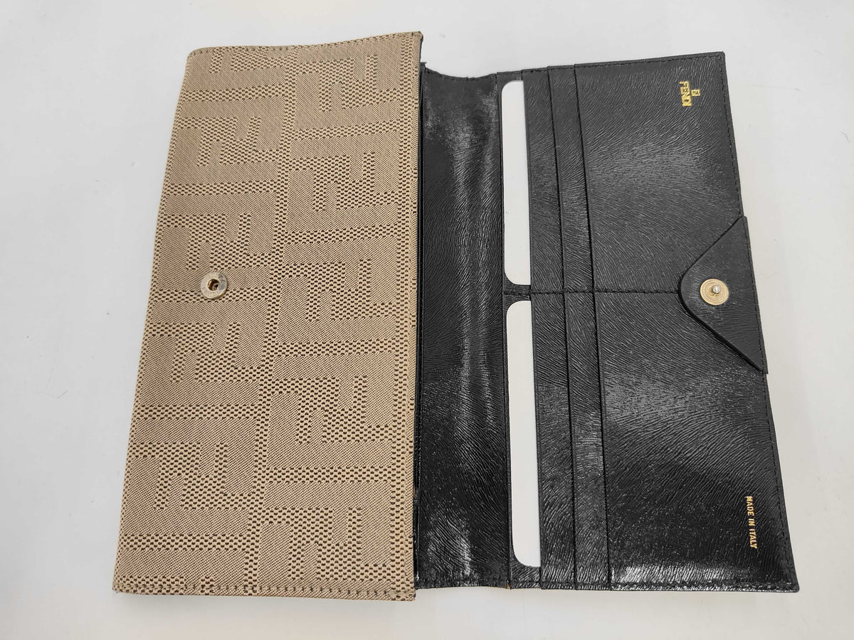 Fendi Logo Continental Leather, Beige, Canvas, Wallet