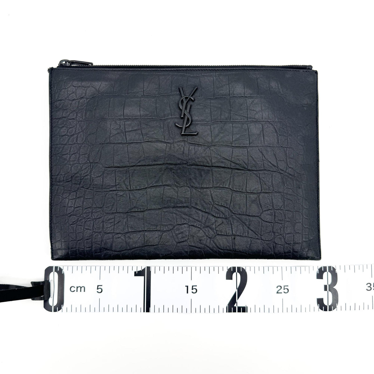Saint Laurent Classic Monogram Zip Crocodile Embossed Leather, Black, Leather, Clutch