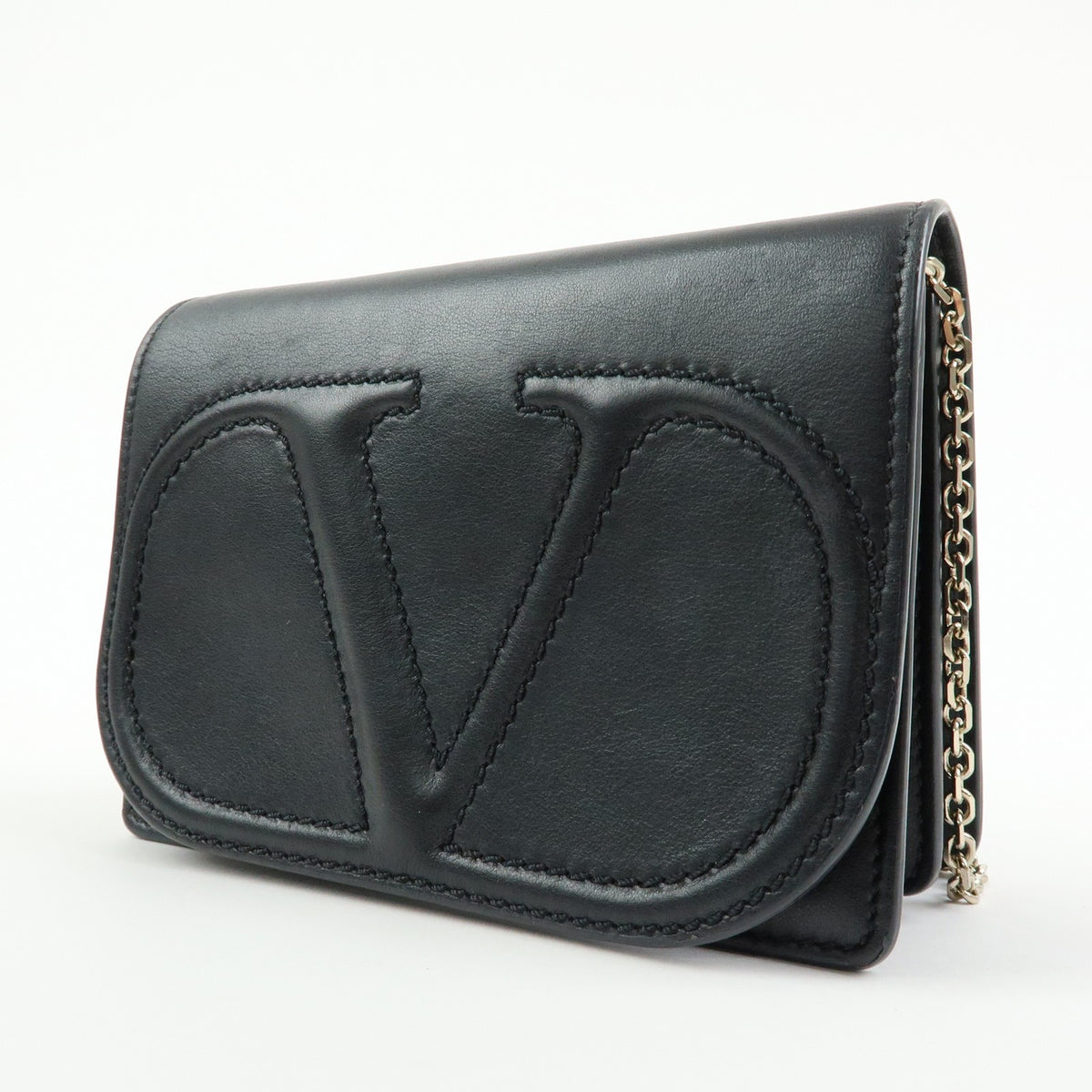 Valentino Garavani VLogo Full Flap Chain Leather, Black, Leather, Shoulder Bag