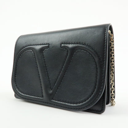 Valentino Garavani VLogo Full Flap Chain Leather, Black, Leather, Shoulder Bag