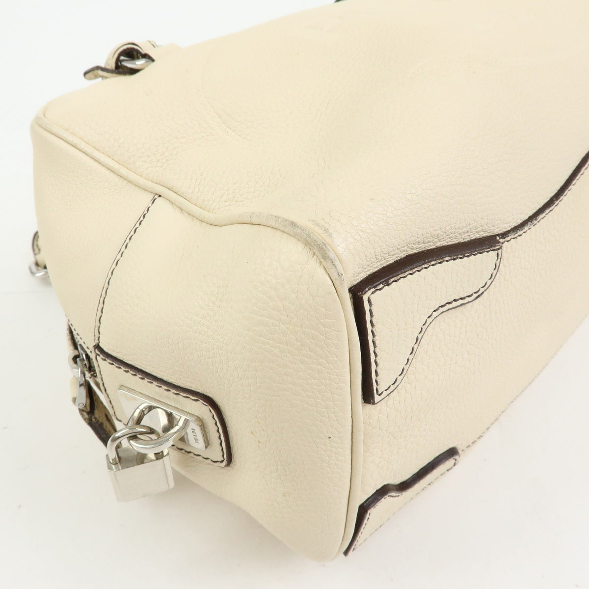 Prada Embossed Logo Bauletto Vitello Daino, Beige, Leather, Handbag