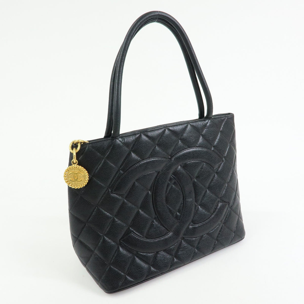 Chanel Medallion Quilted Caviar, Black, Leather, Tote Bag