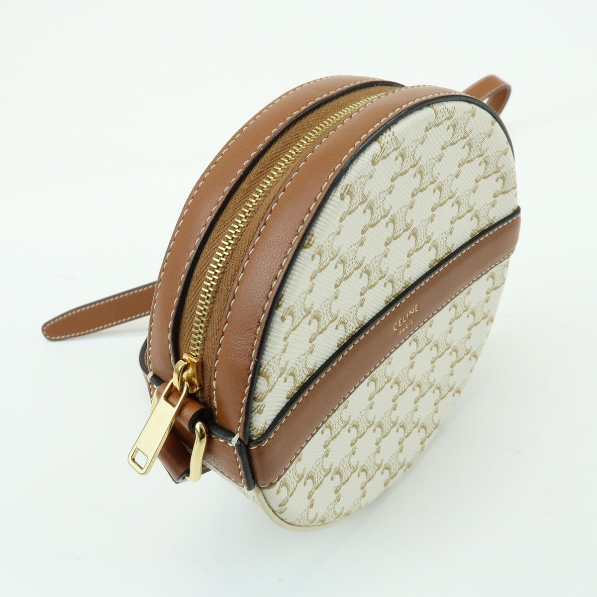 Celine Round Purse on Strap Triomphe Coated Canvas, Beige, Canvas, Crossbody Bag