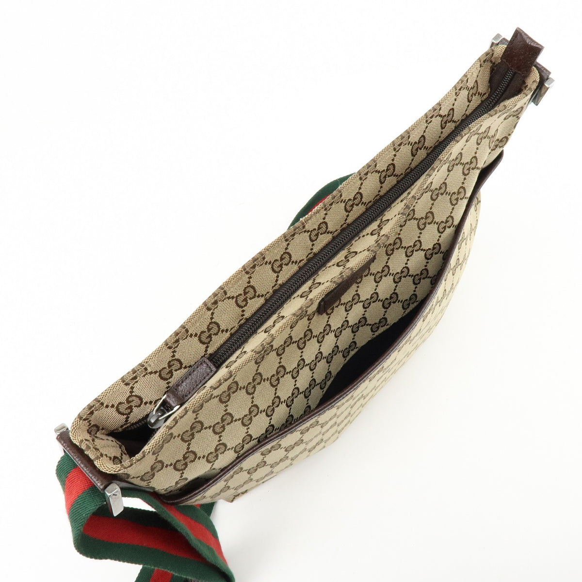 Gucci Web Strap Zip Messenger GG Canvas, Beige, Canvas, Handbag