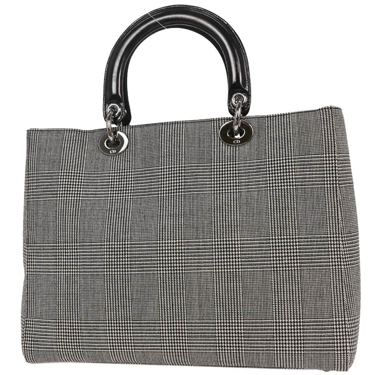 Christian Dior Vintage Lady Dior Houndstooth Canvas, Black, Canvas, Handbag