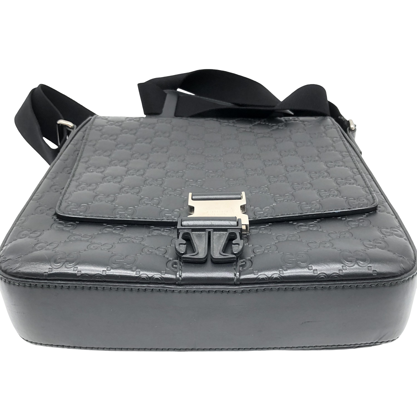 Gucci Buckle Flap Messenger Guccissima Leather, Black, Leather, Shoulder Bag