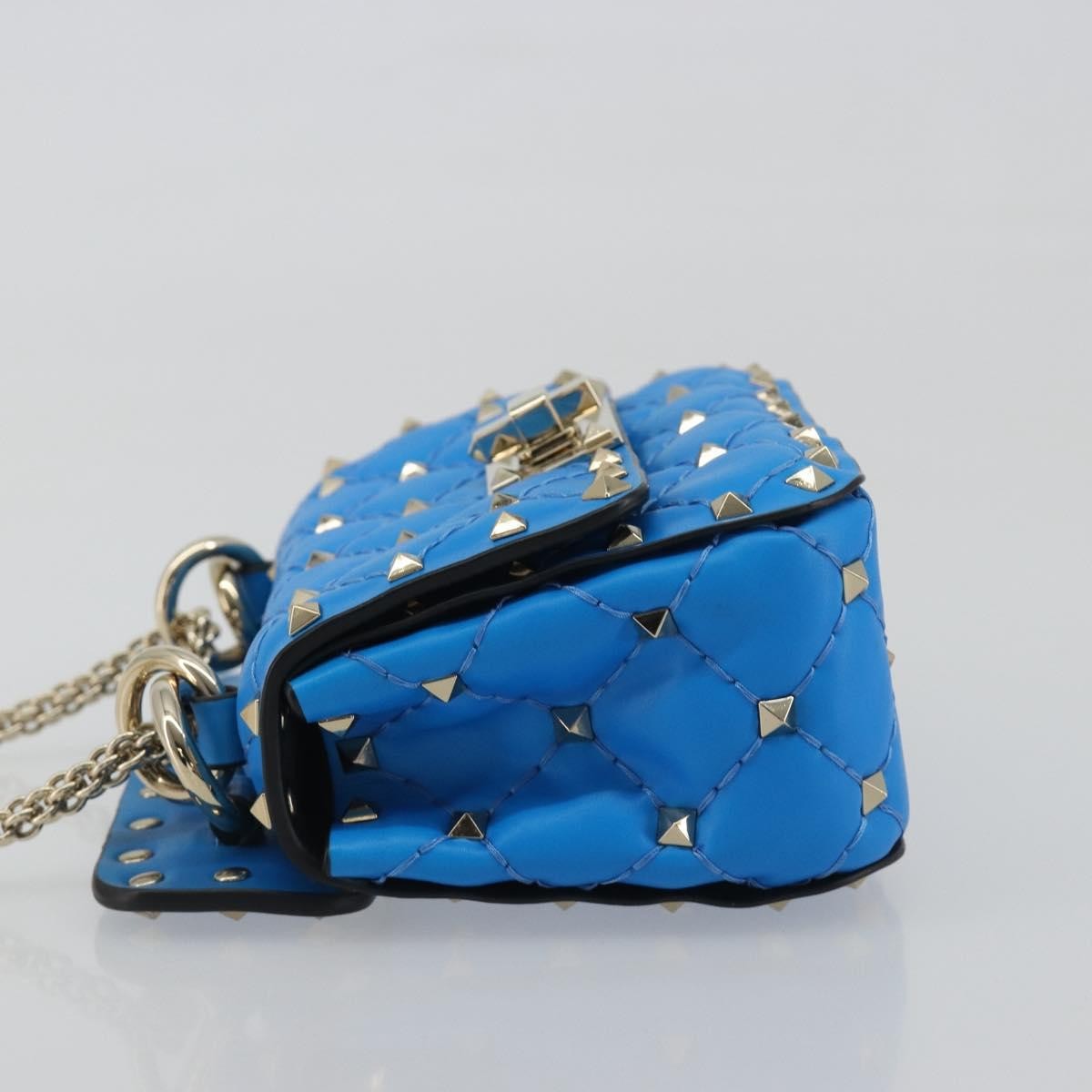 Valentino Garavani Rockstud Spike Flap Quilted Leather, Blue, Leather, Shoulder Bag