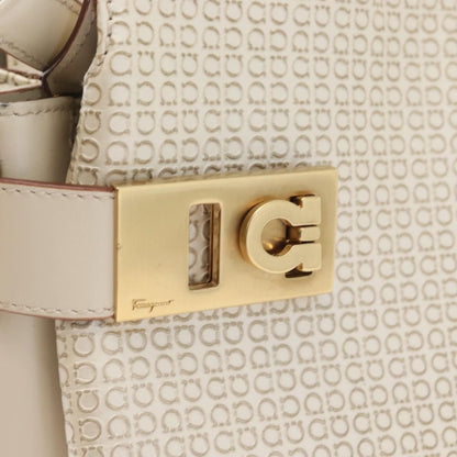 Salvatore Ferragamo Double Gancini Side Buckle Tote Leather, Beige, Leather, Handbag