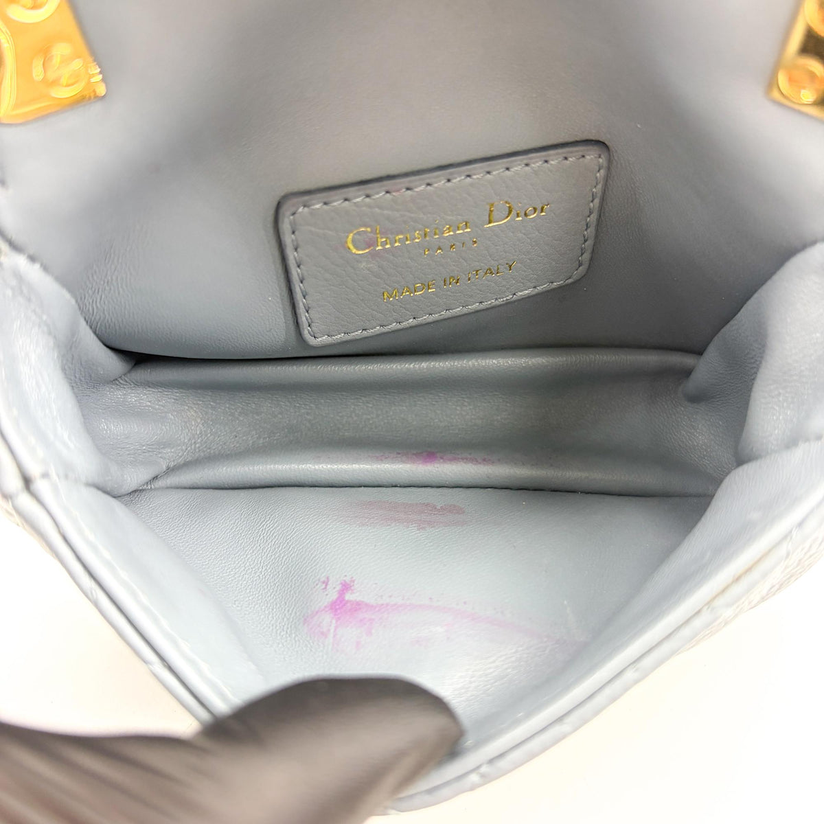 Christian Dior Caro Cannage Quilt Calfskin, Gray, Leather, Handbag
