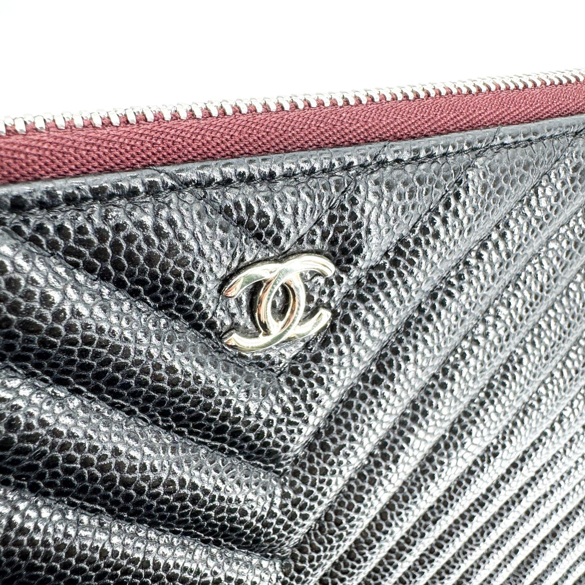 Chanel Charm O Case Chevron Lambskin, Black, Leather, Clutch