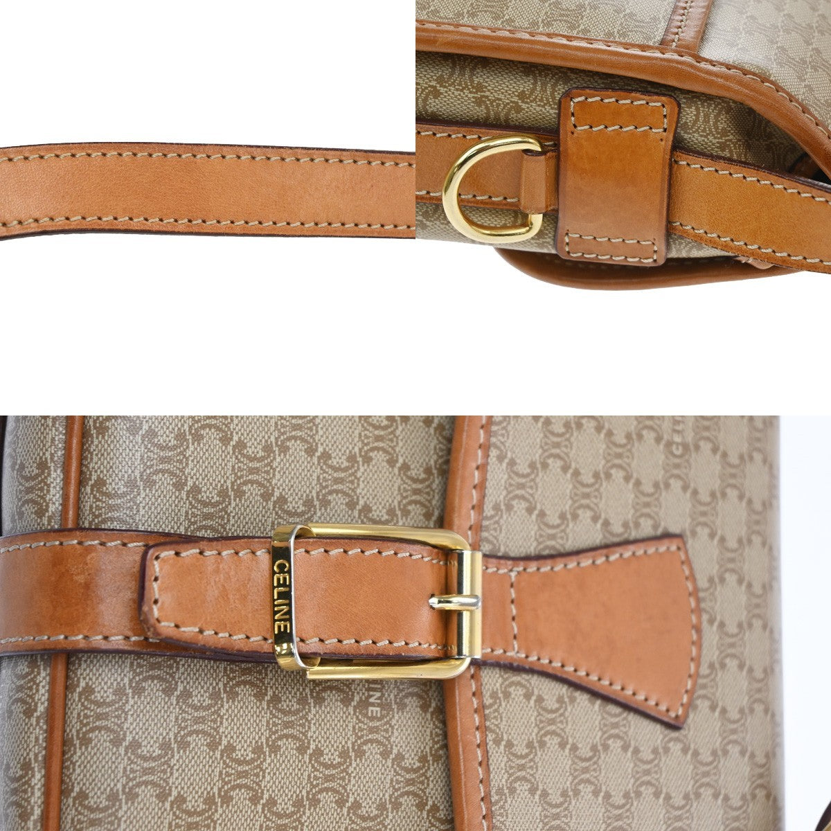 Celine Vintage Macadam Canvas and Leather, Beige, Canvas, Shoulder Bag