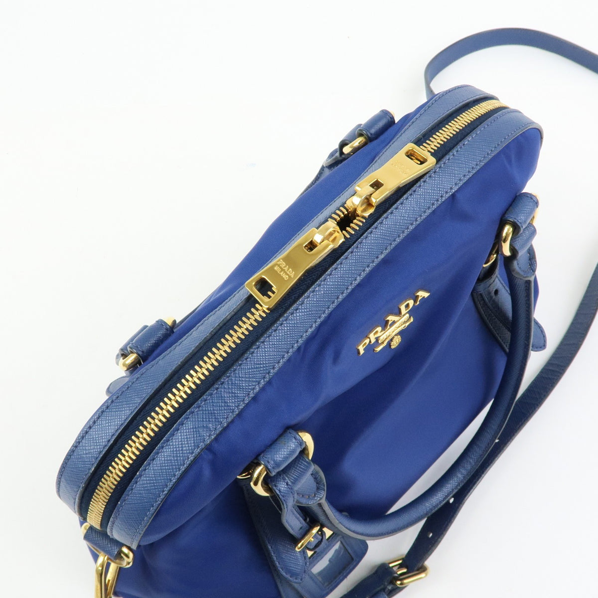 Prada Convertible Dome Satchel Tessuto with Saffiano Leather, Blue, Nylon, Handbag