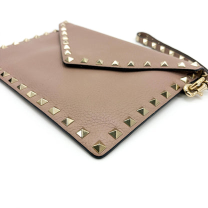 Valentino Garavani Rockstud Envelope Wristlet Clutch Leather, Beige, Leather, Clutch