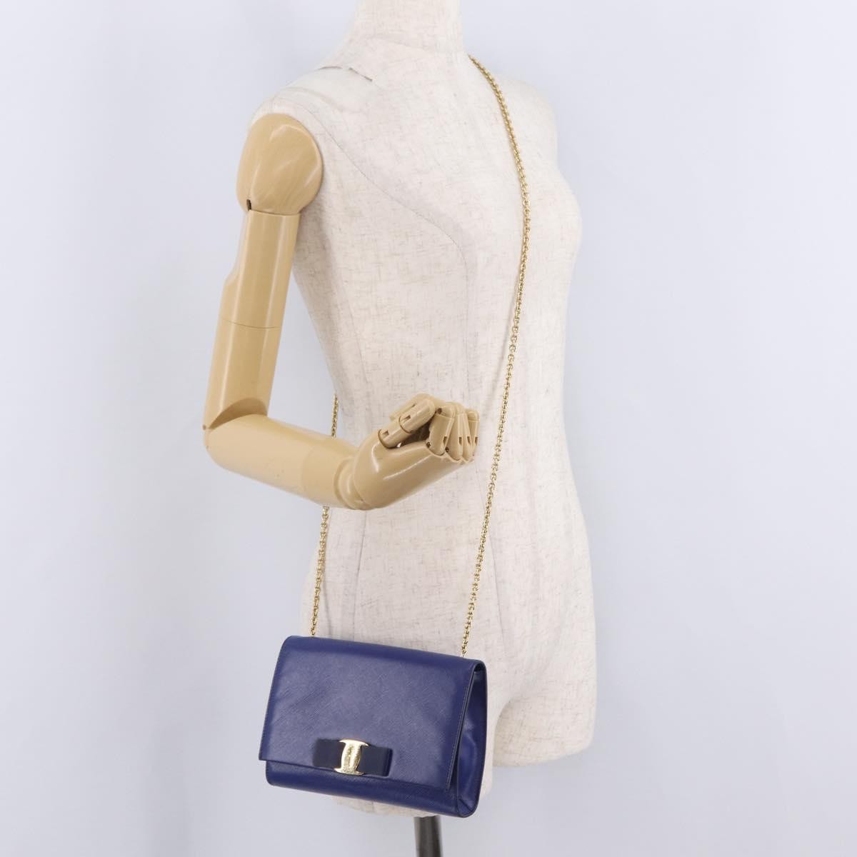 Salvatore Ferragamo Vala Chain Leather, Blue, Leather, Shoulder Bag