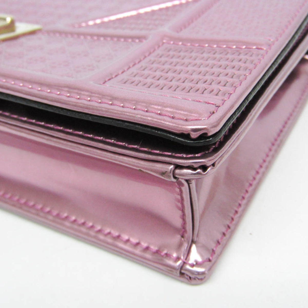 Christian Dior Diorama Wallet on Chain Metallic Distressed Calfskin, Pink, Patent Leather, Crossbody Bag