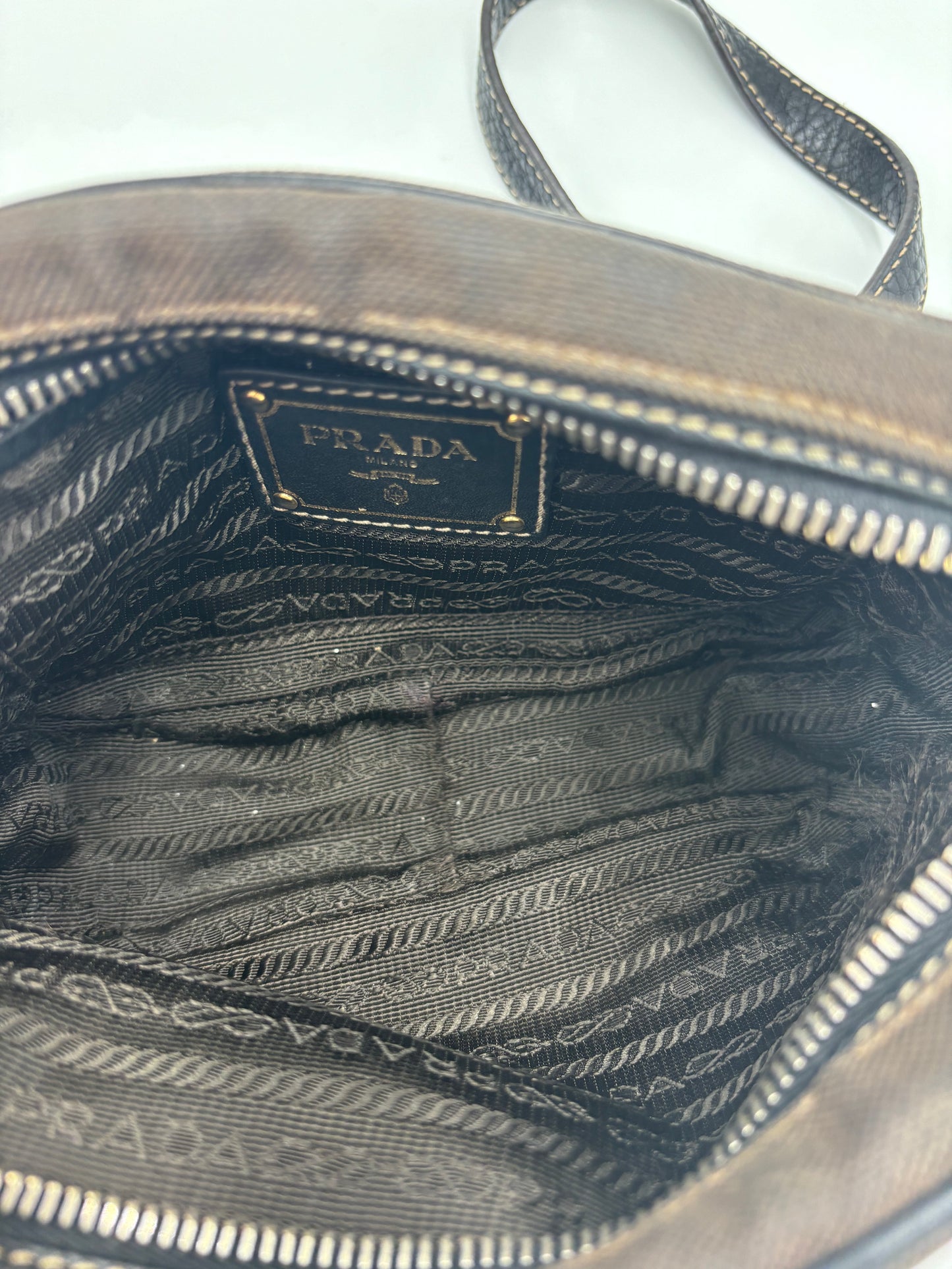 Prada Mini Zip Crossbody Bag Canvas and Leather, Brown, Canvas, Backpack