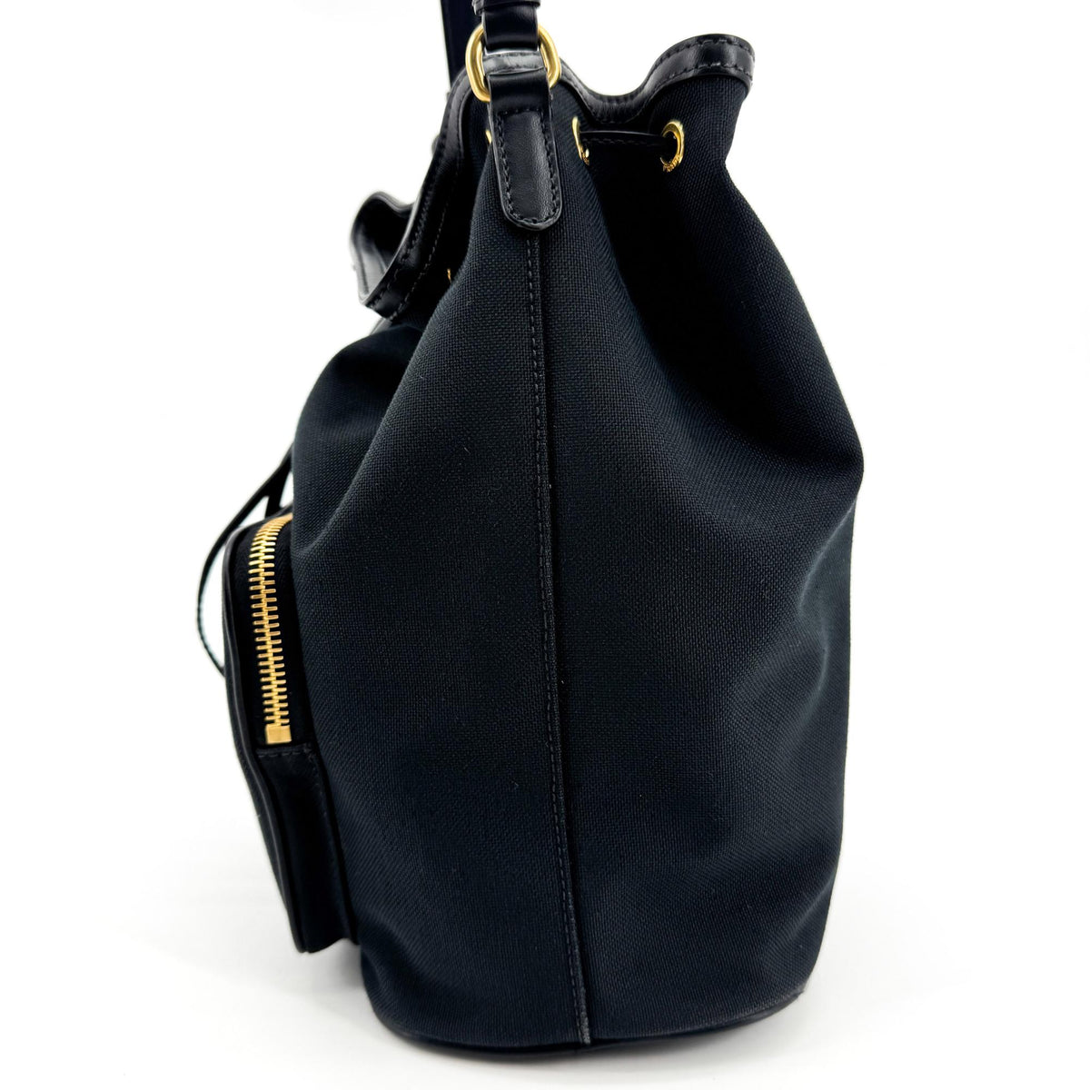 Prada Duet Drawstring Bucket Tessuto, Black, Canvas, Handbag